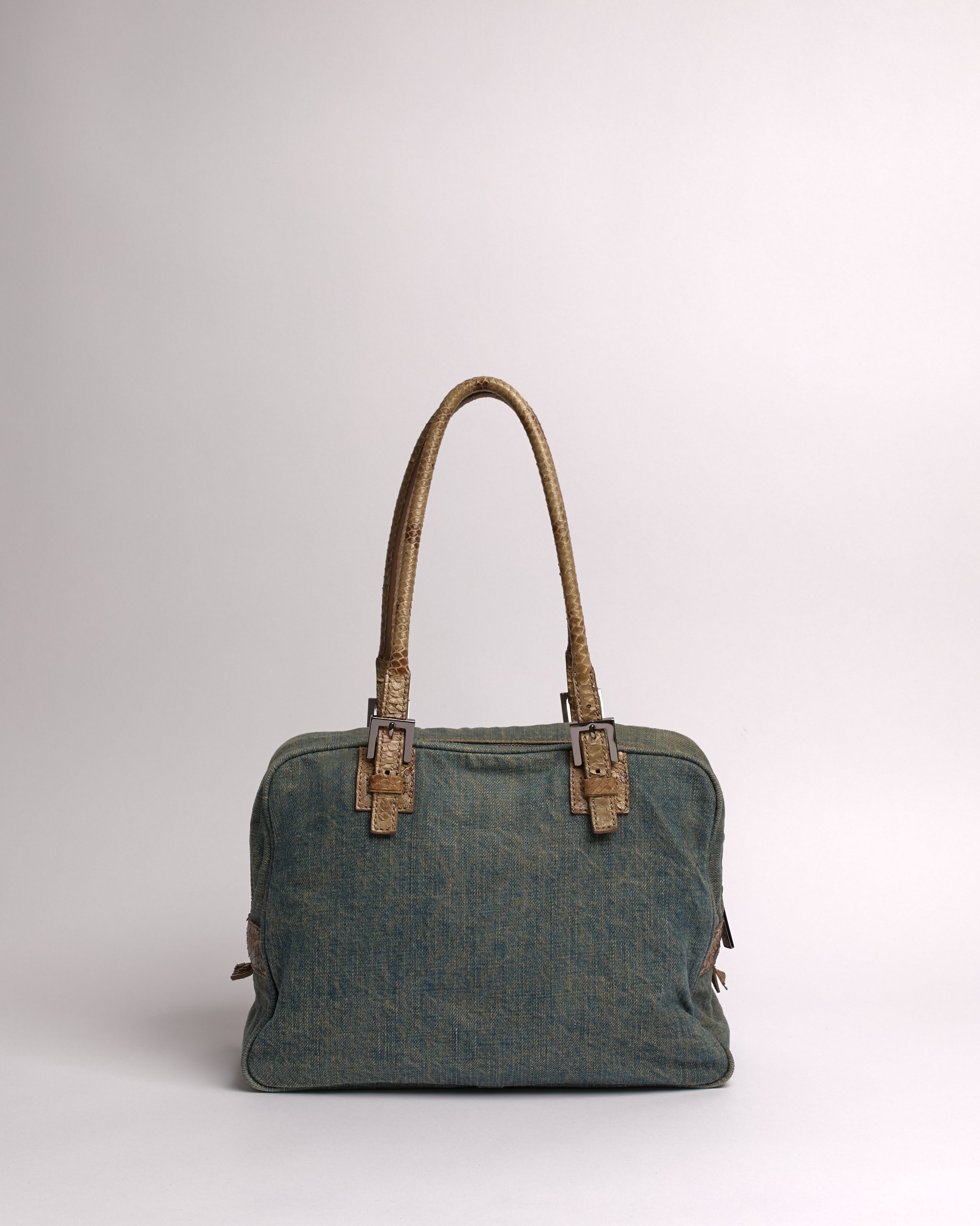 FENDI 2000’S BOSTON DENIM SNAKESKIN DETAIL SHOULDER BAF