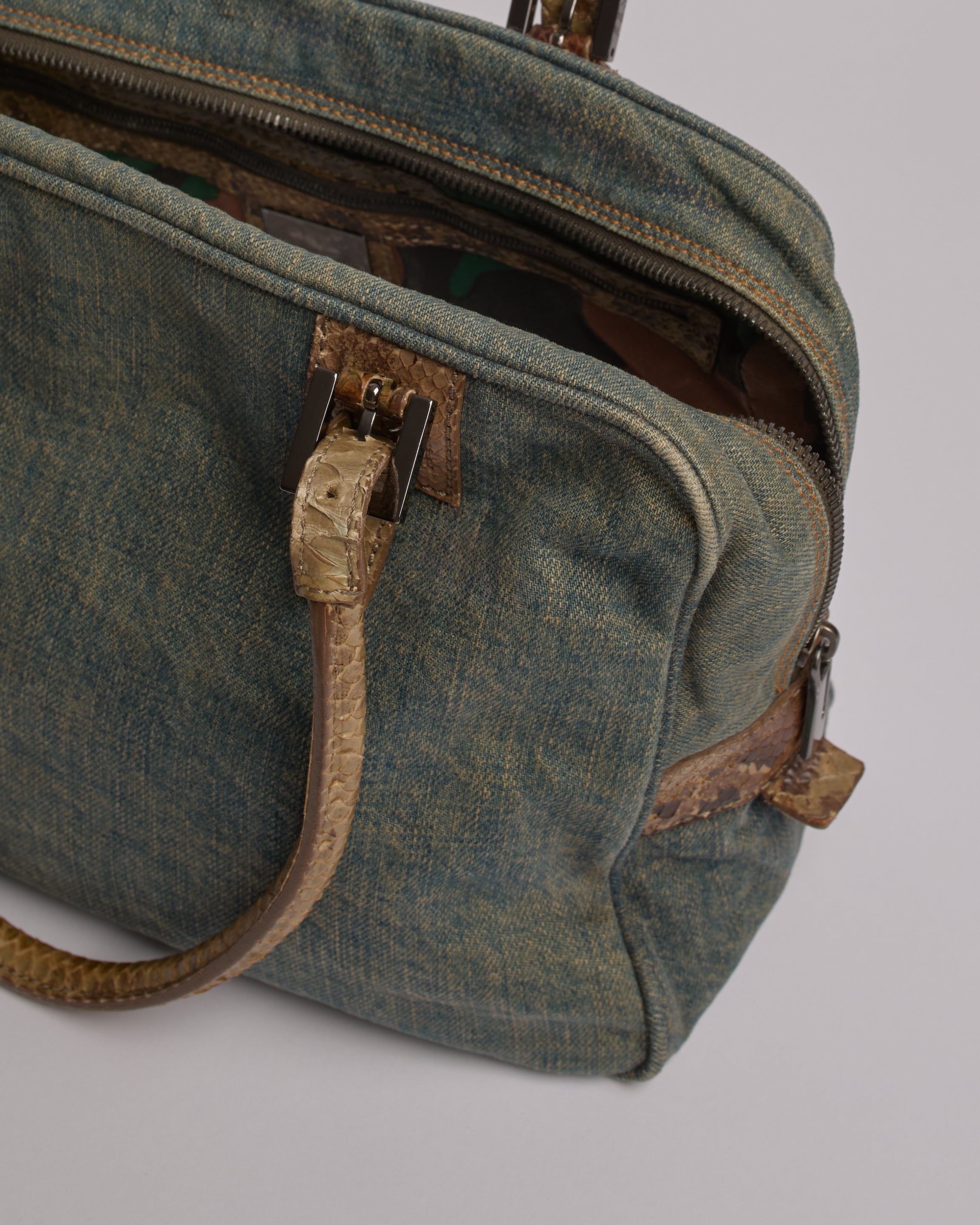 FENDI 2000’S BOSTON DENIM SNAKESKIN DETAIL SHOULDER BAF