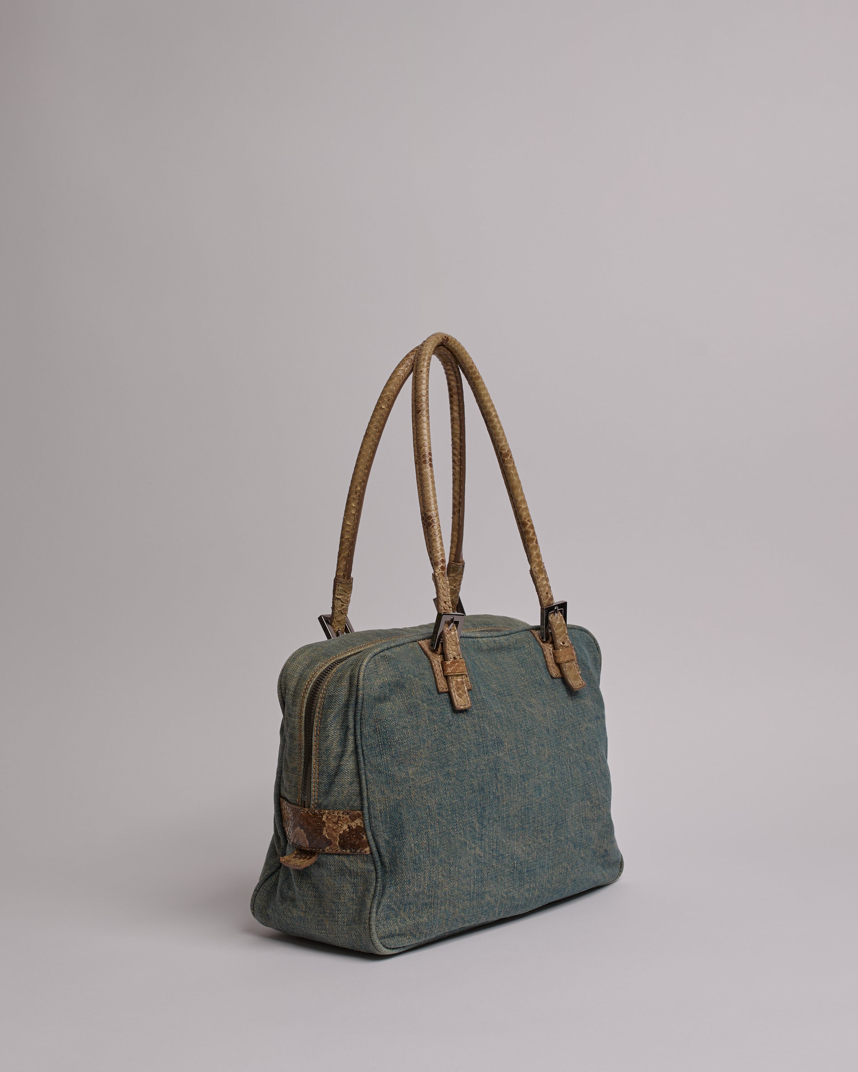 FENDI 2000’S BOSTON DENIM SNAKESKIN DETAIL SHOULDER BAF
