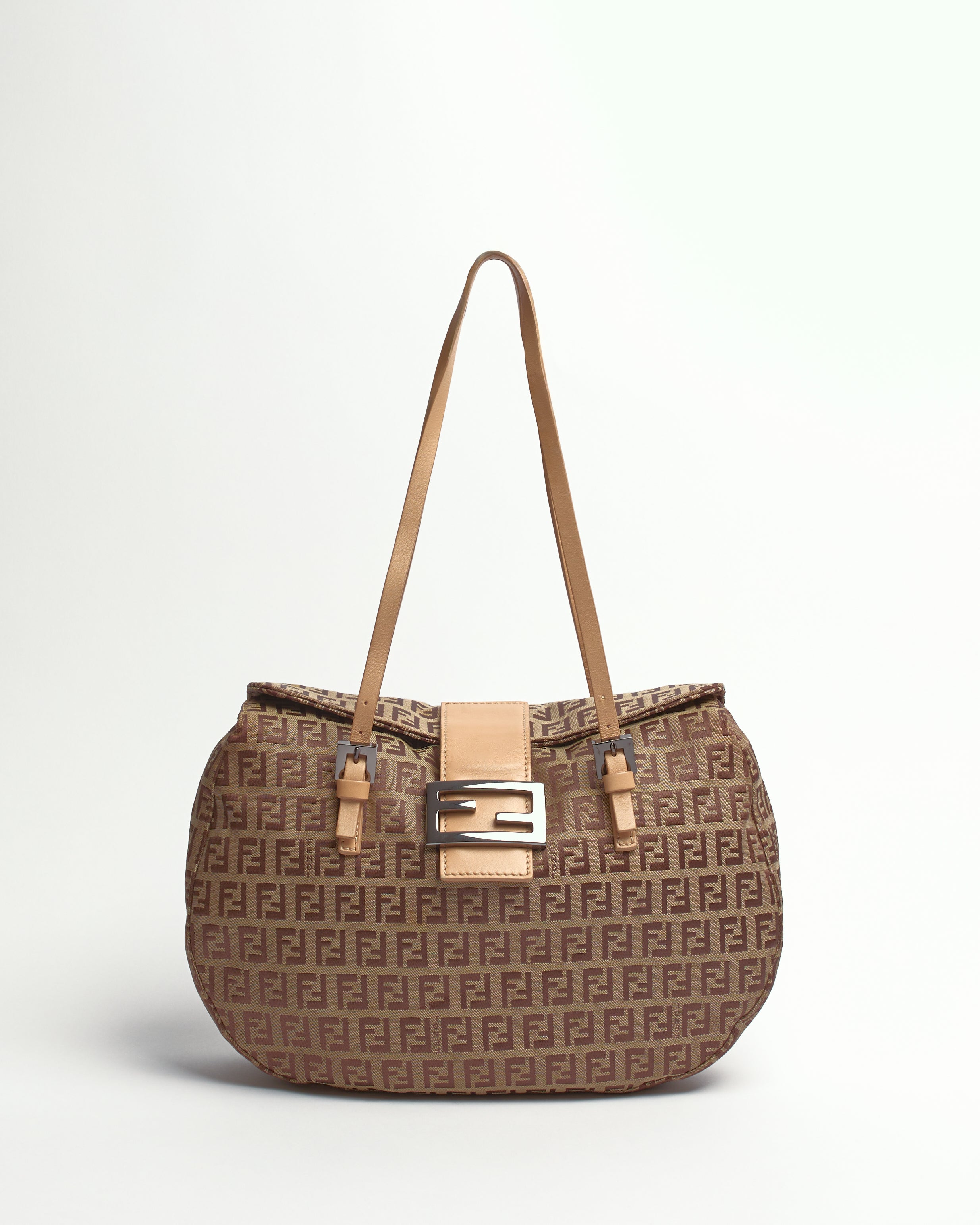 FENDI ZUCCHINO 2000'S LIGHT BROWN CANVAS AND LEATHER SHOULDER BAG