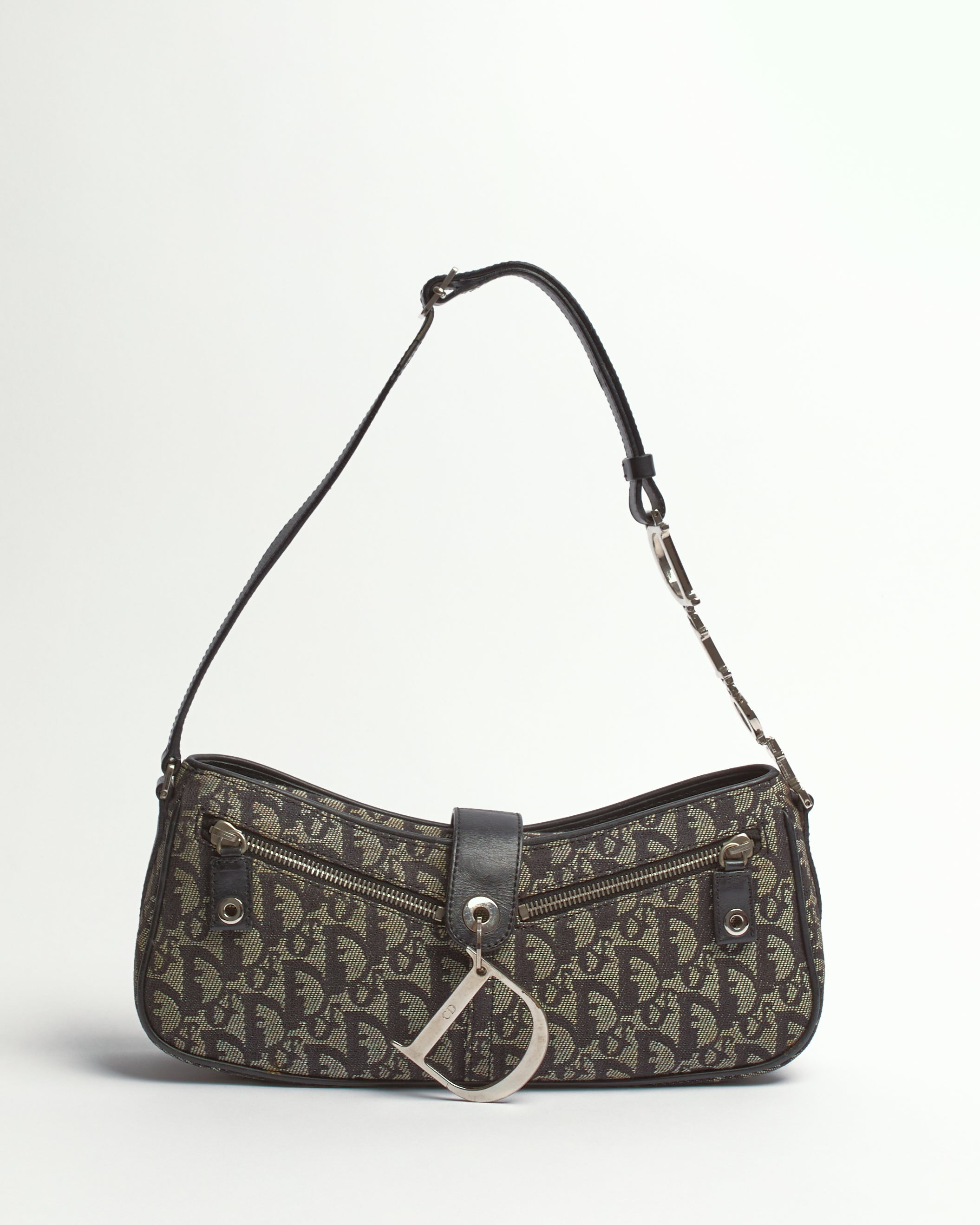 CHRISTIAN DIOR DIORISSIMO NAVY CANVAS AND LEATHER POCHETTE BAG