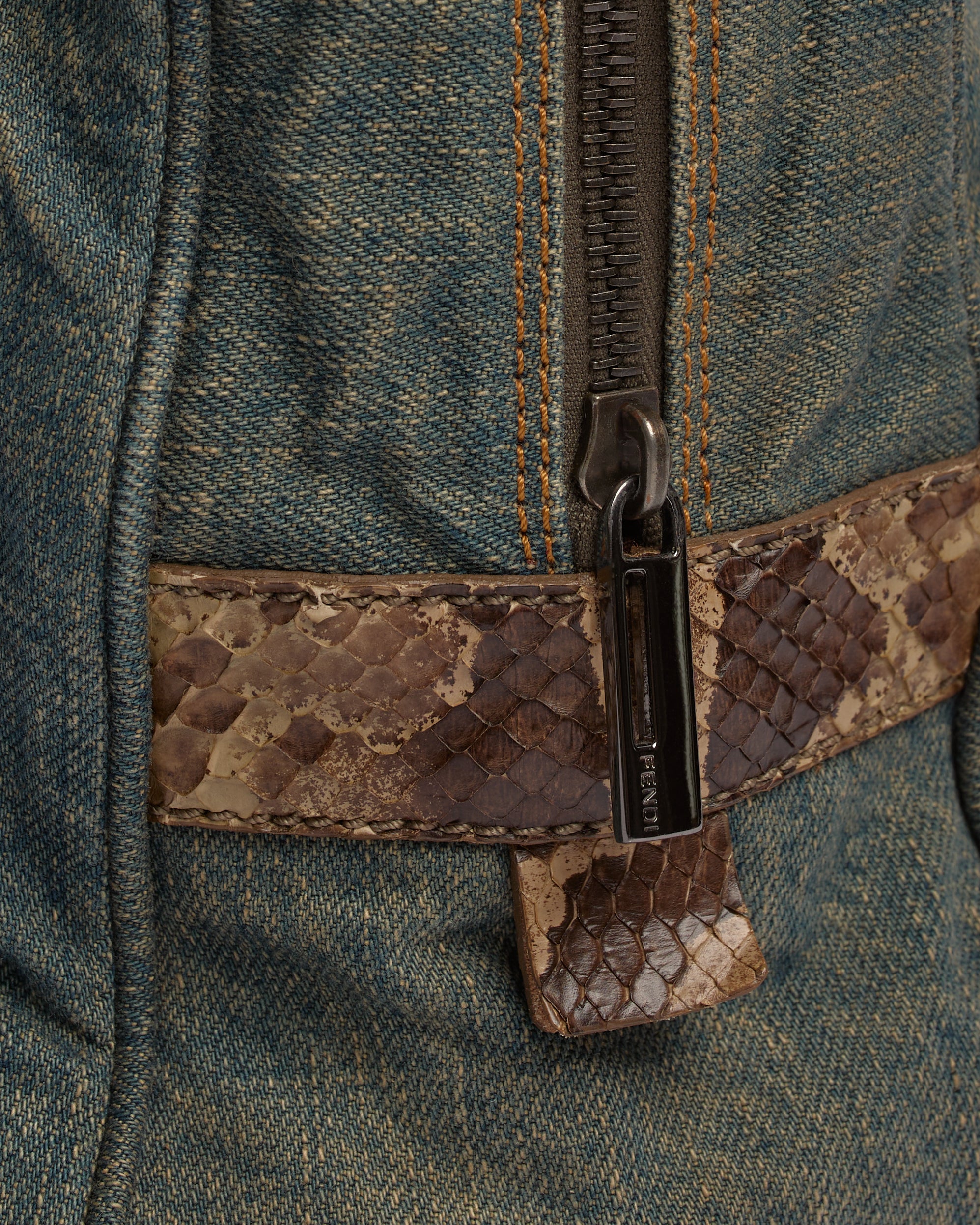 FENDI 2000’S BOSTON DENIM SNAKESKIN DETAIL SHOULDER BAF