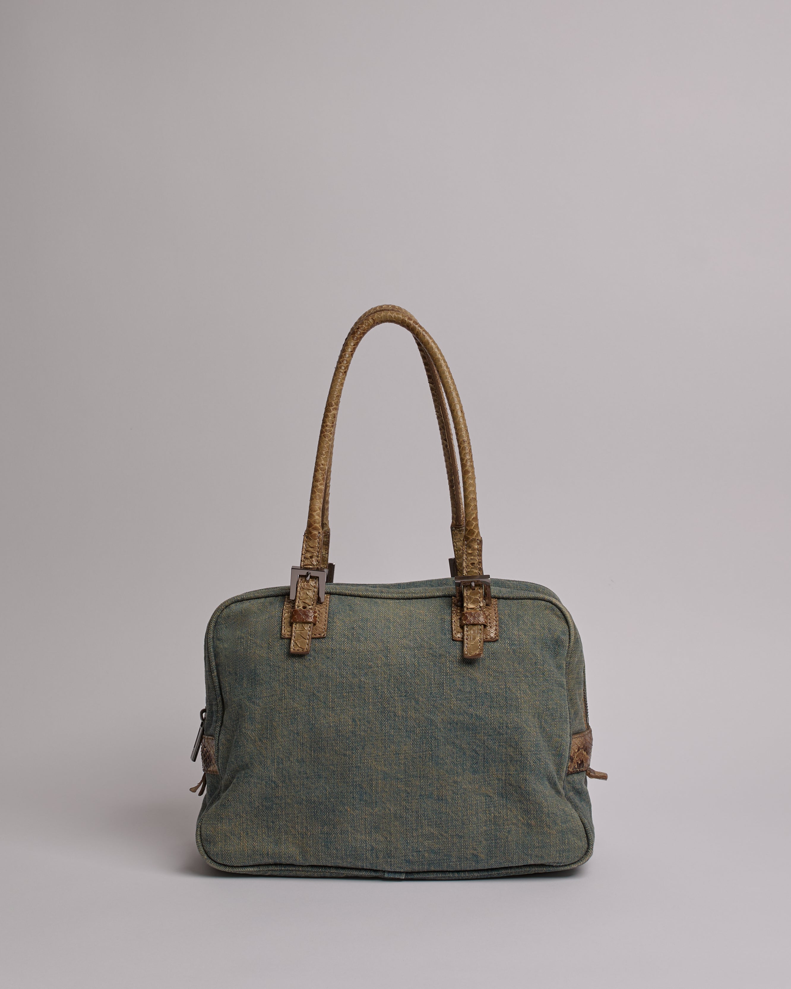 FENDI 2000’S BOSTON DENIM SNAKESKIN DETAIL SHOULDER BAF
