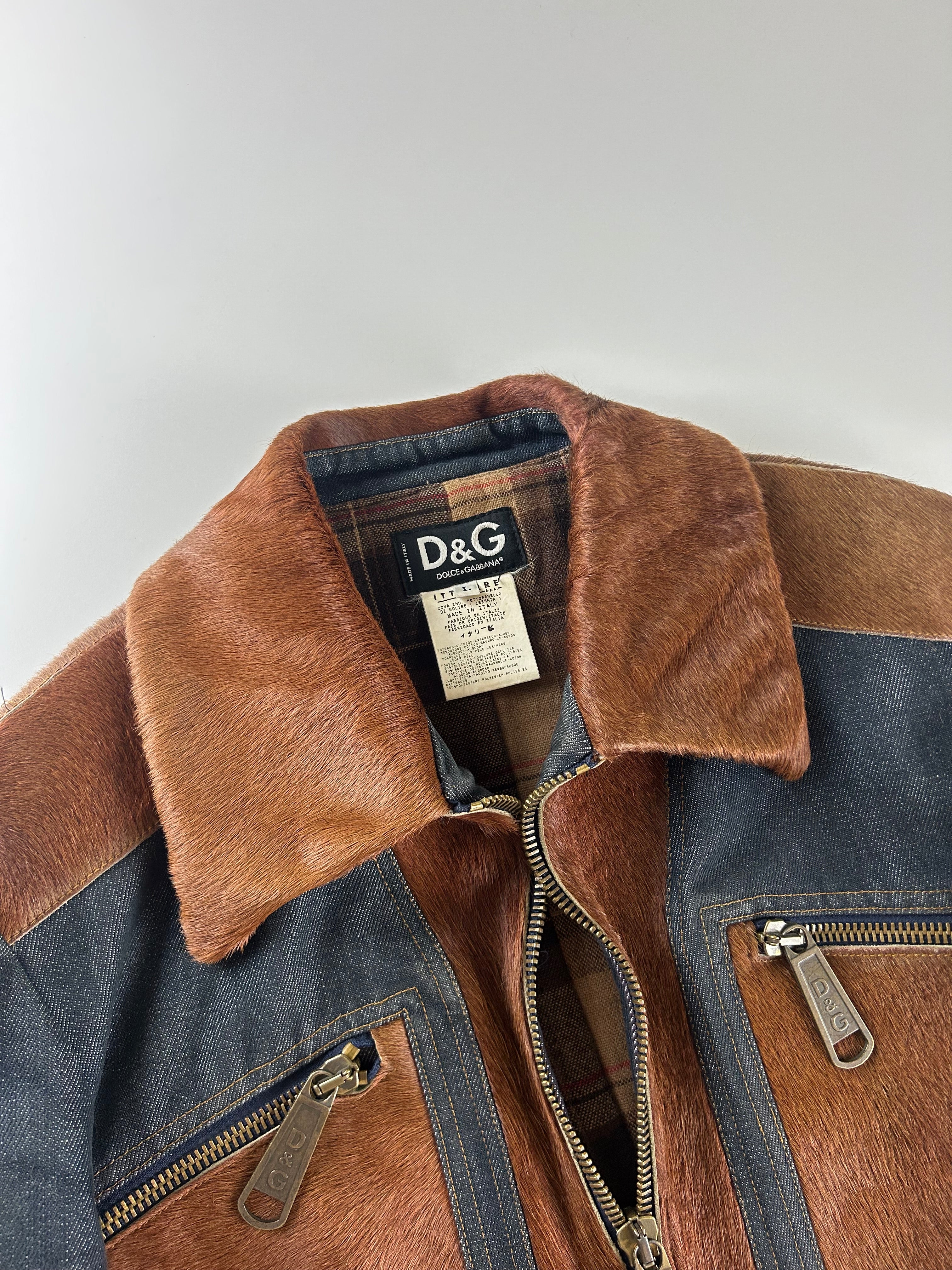 DOLCE AND GABBANA ARCHIVE PONY HAIR PANELLED DENIM JACKET [M]