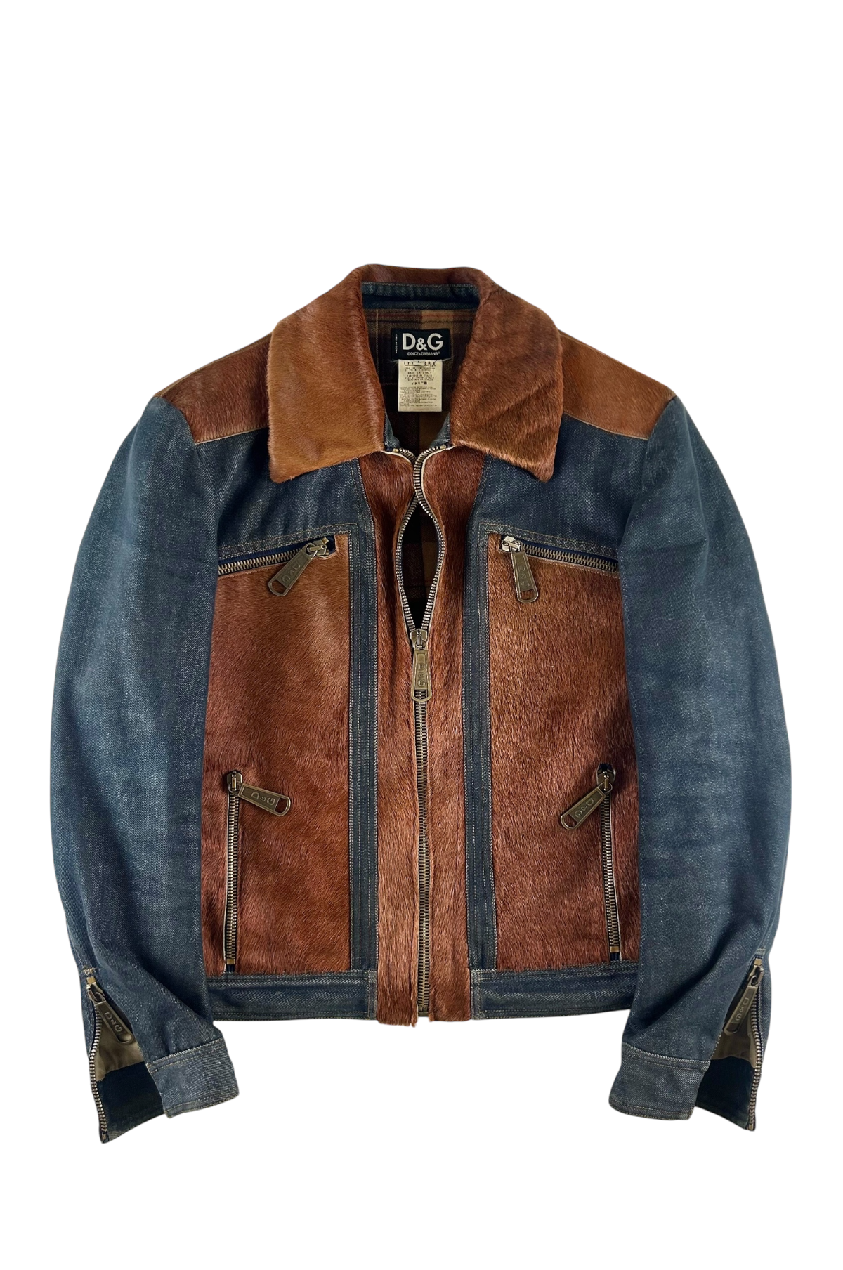 DOLCE AND GABBANA ARCHIVE PONY HAIR PANELLED DENIM JACKET [M]