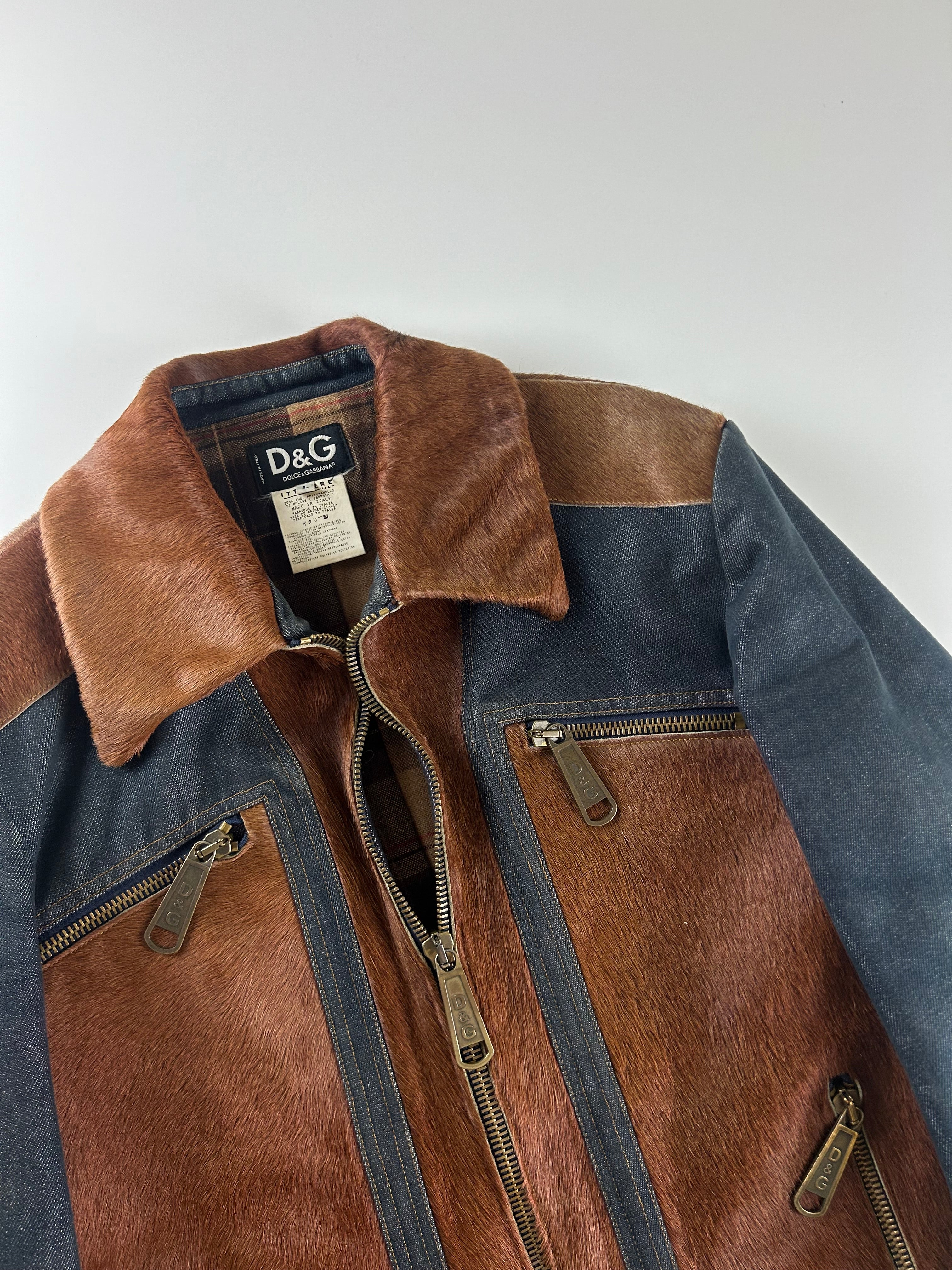 DOLCE AND GABBANA ARCHIVE PONY HAIR PANELLED DENIM JACKET [M]