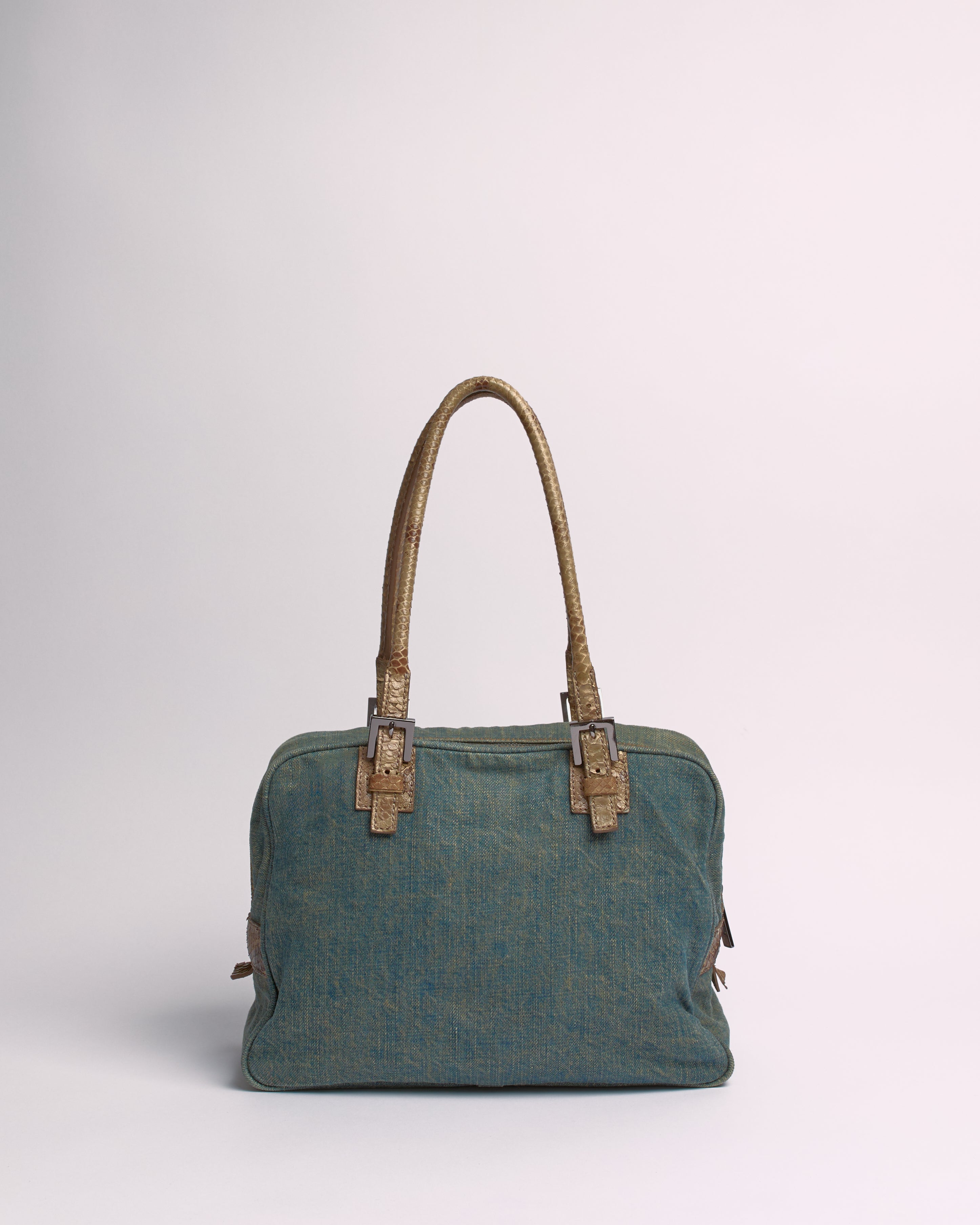 FENDI 2000’S BOSTON DENIM SNAKESKIN DETAIL SHOULDER BAF