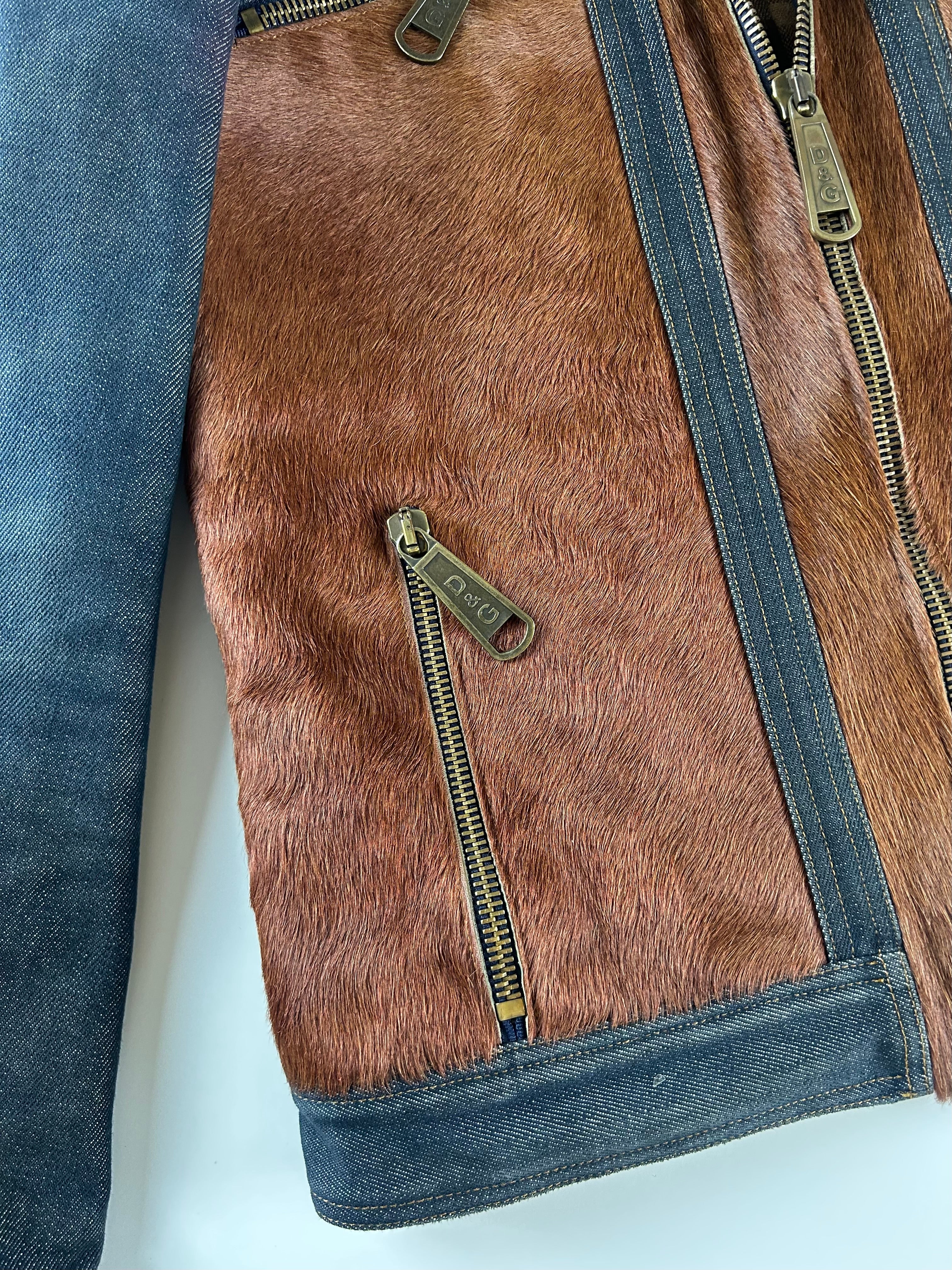 DOLCE AND GABBANA ARCHIVE PONY HAIR PANELLED DENIM JACKET [M]