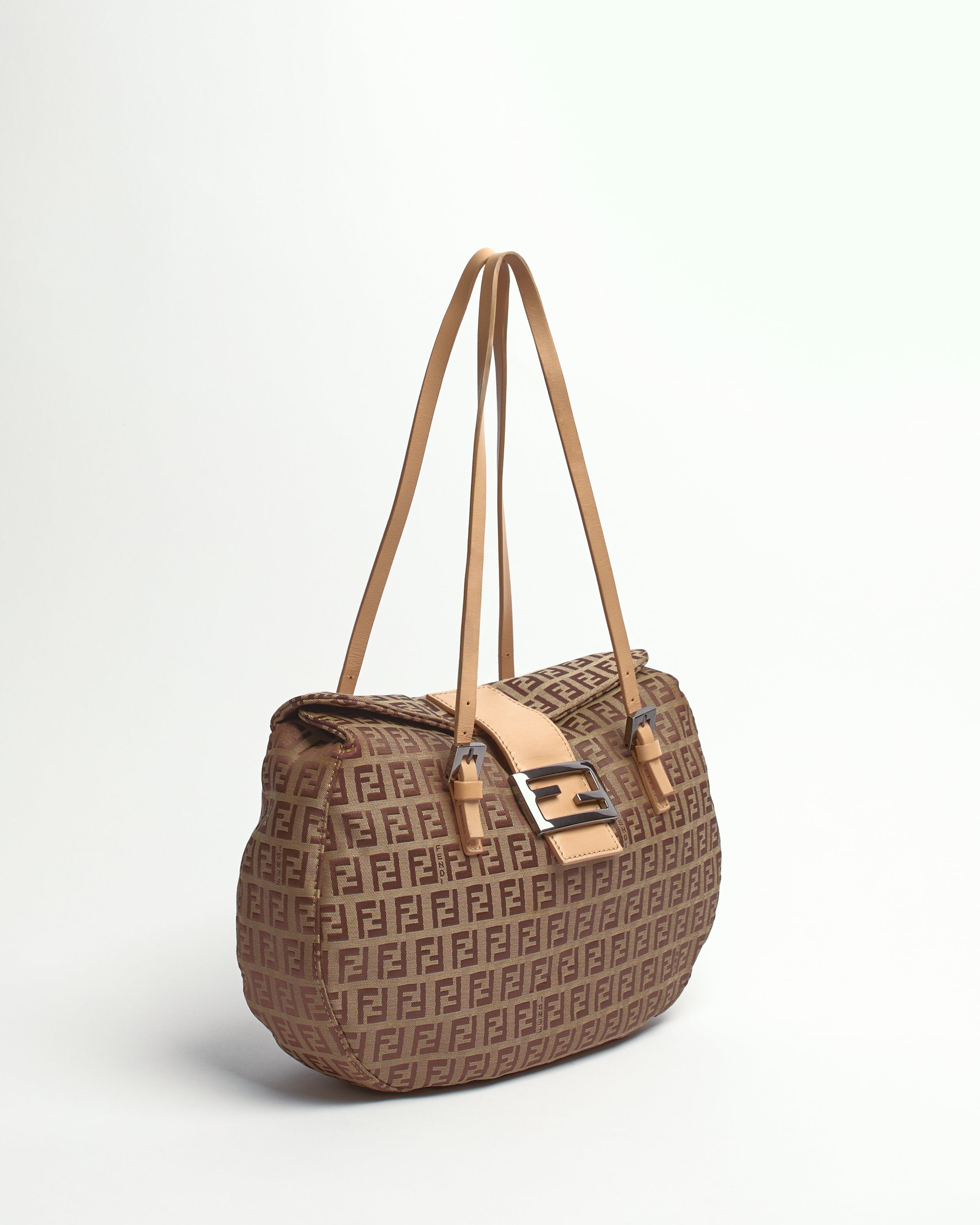 FENDI ZUCCHINO 2000'S LIGHT BROWN CANVAS AND LEATHER SHOULDER BAG