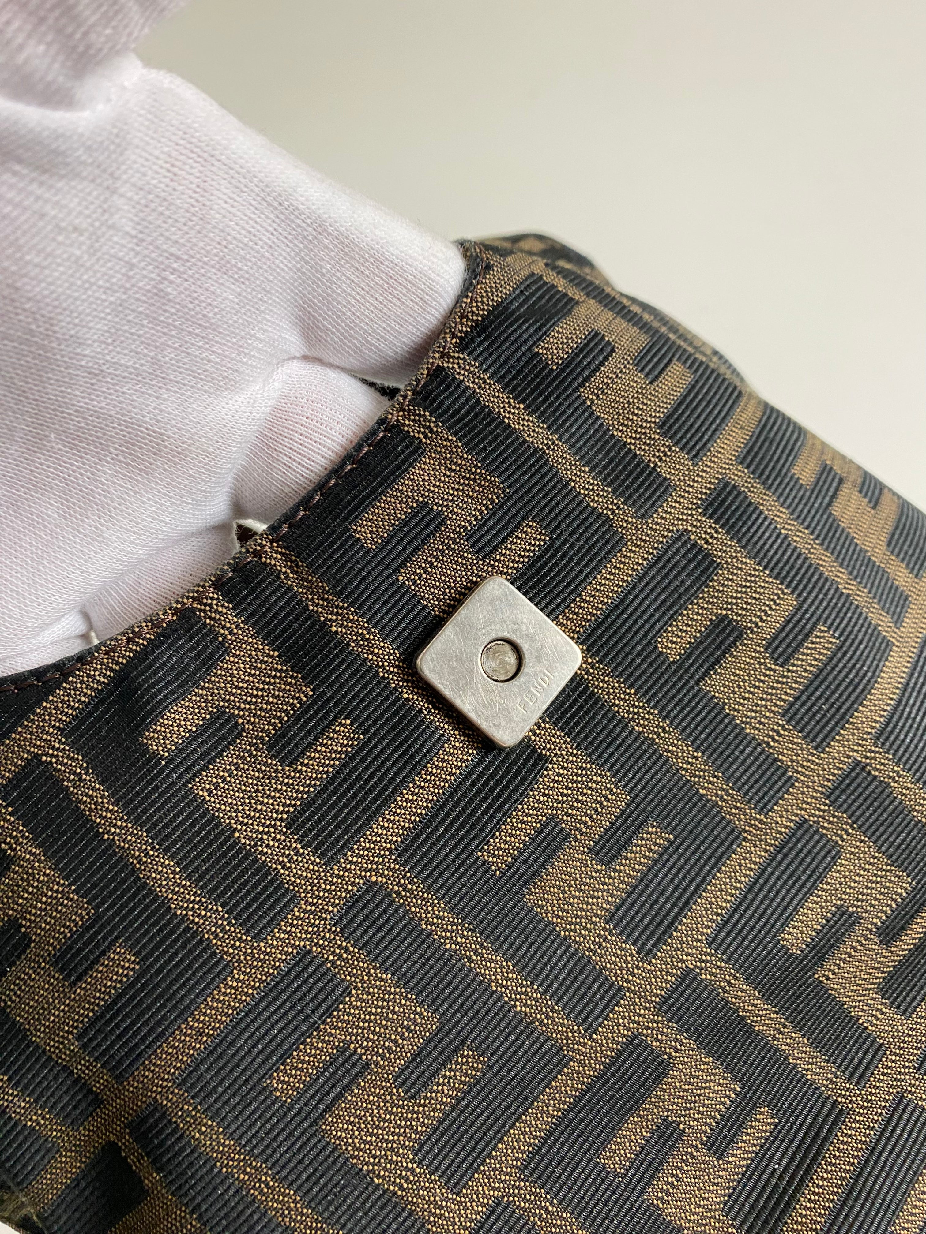 FENDI ZUCCA 1990S MONOGRAM CANVAS LEATHER FLAP SHOULDER BAG