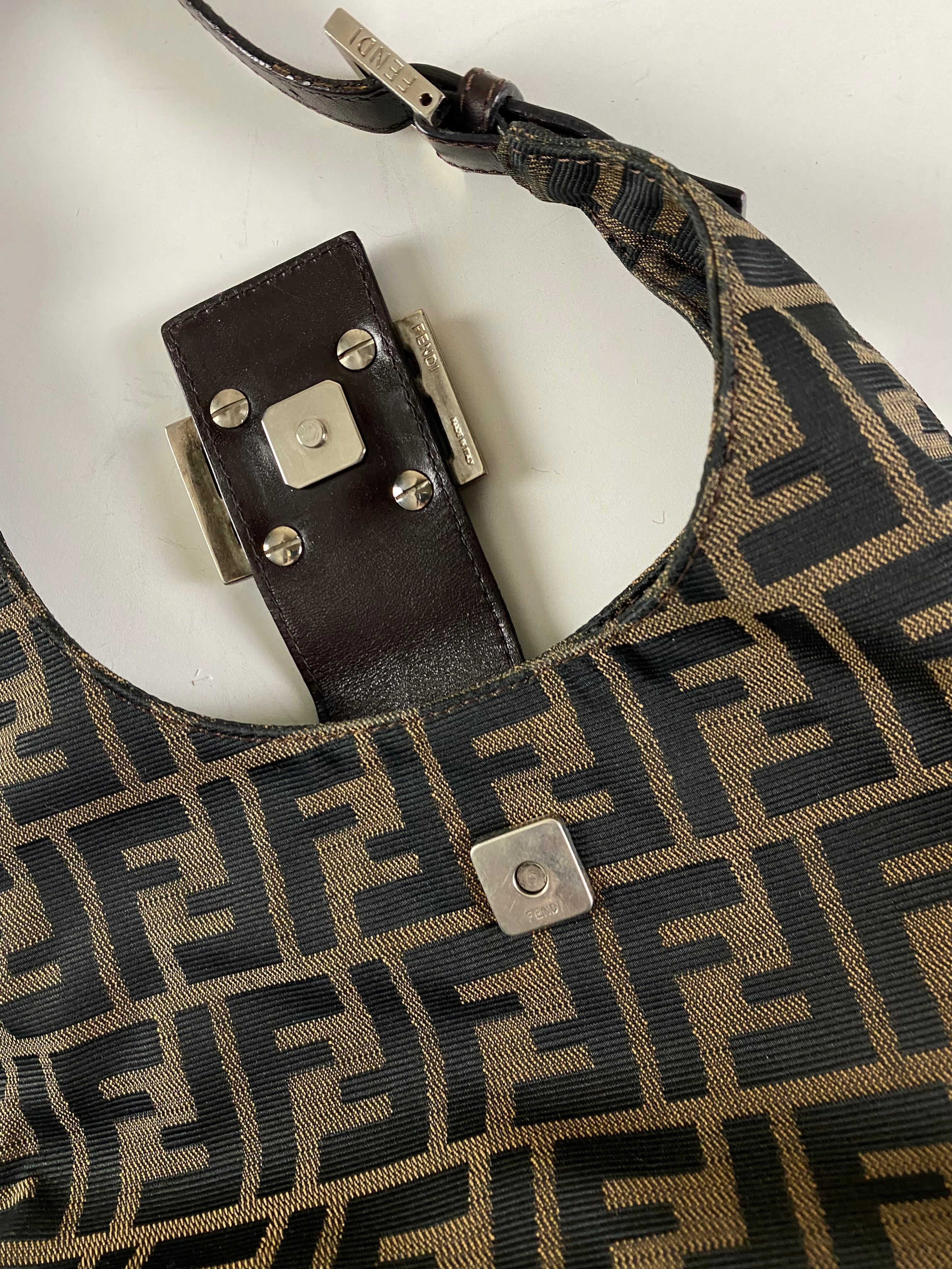 FENDI ZUCCA 1990S MONOGRAM CANVAS LEATHER FLAP SHOULDER BAG