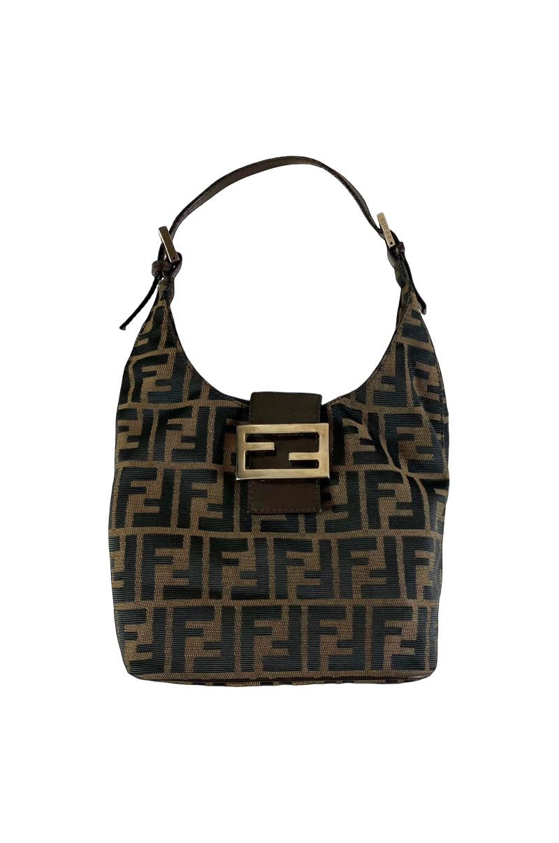 FENDI ZUCCA 1990S MONOGRAM CANVAS LEATHER FLAP SHOULDER BAG