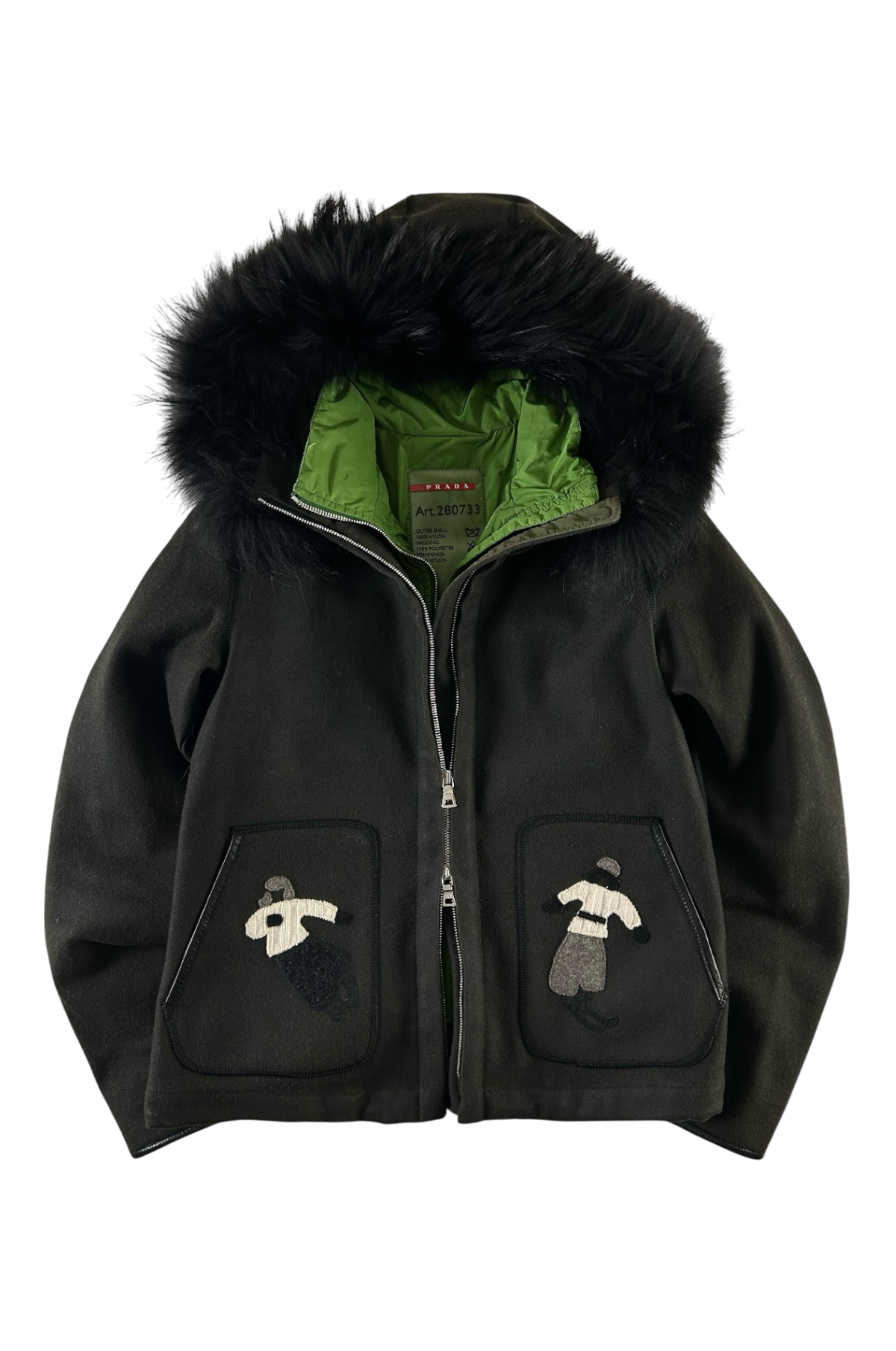 PRADA SPORT 2000'S FUR HOODED EMBROIDERED WOOL JACKET [M]