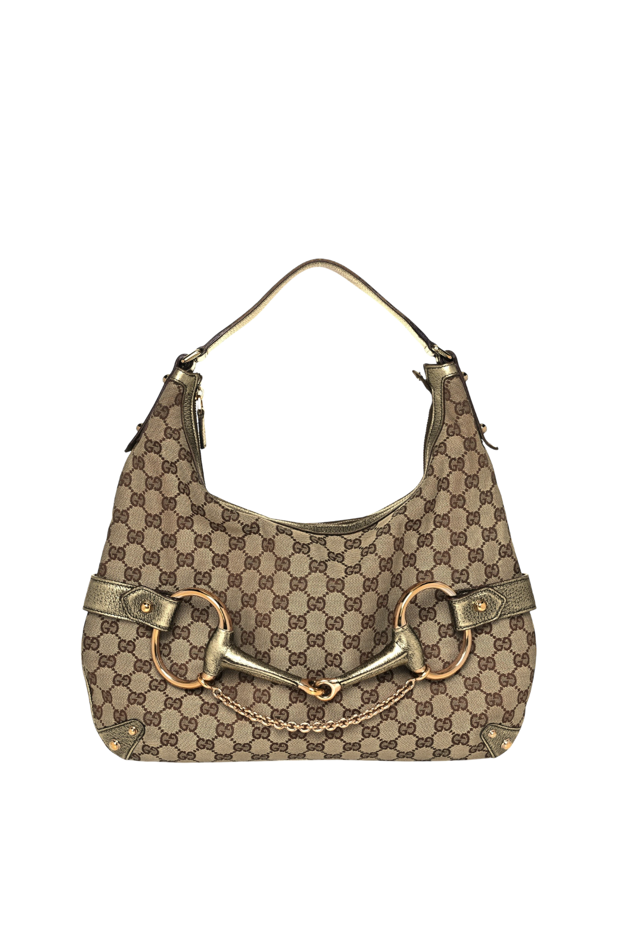 GUCCI 2000'S GOLD HORSEBIT CHAIN MONOGRAM SHOULDER BAG